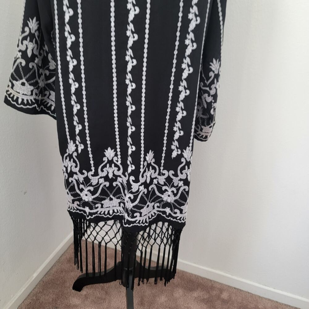 Topshop Kimono‎ Open Front Cardigan Embroidered Fringe Long Sleeve Witchy Sz 8 - Picture 7 of 15